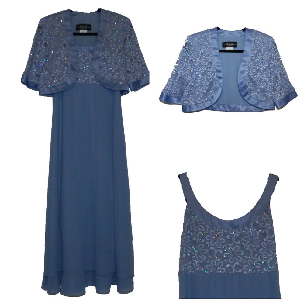 2 Piece Blue Floral Lace and Sequin Sleeveless Maxi Dress with Jacket Size 8